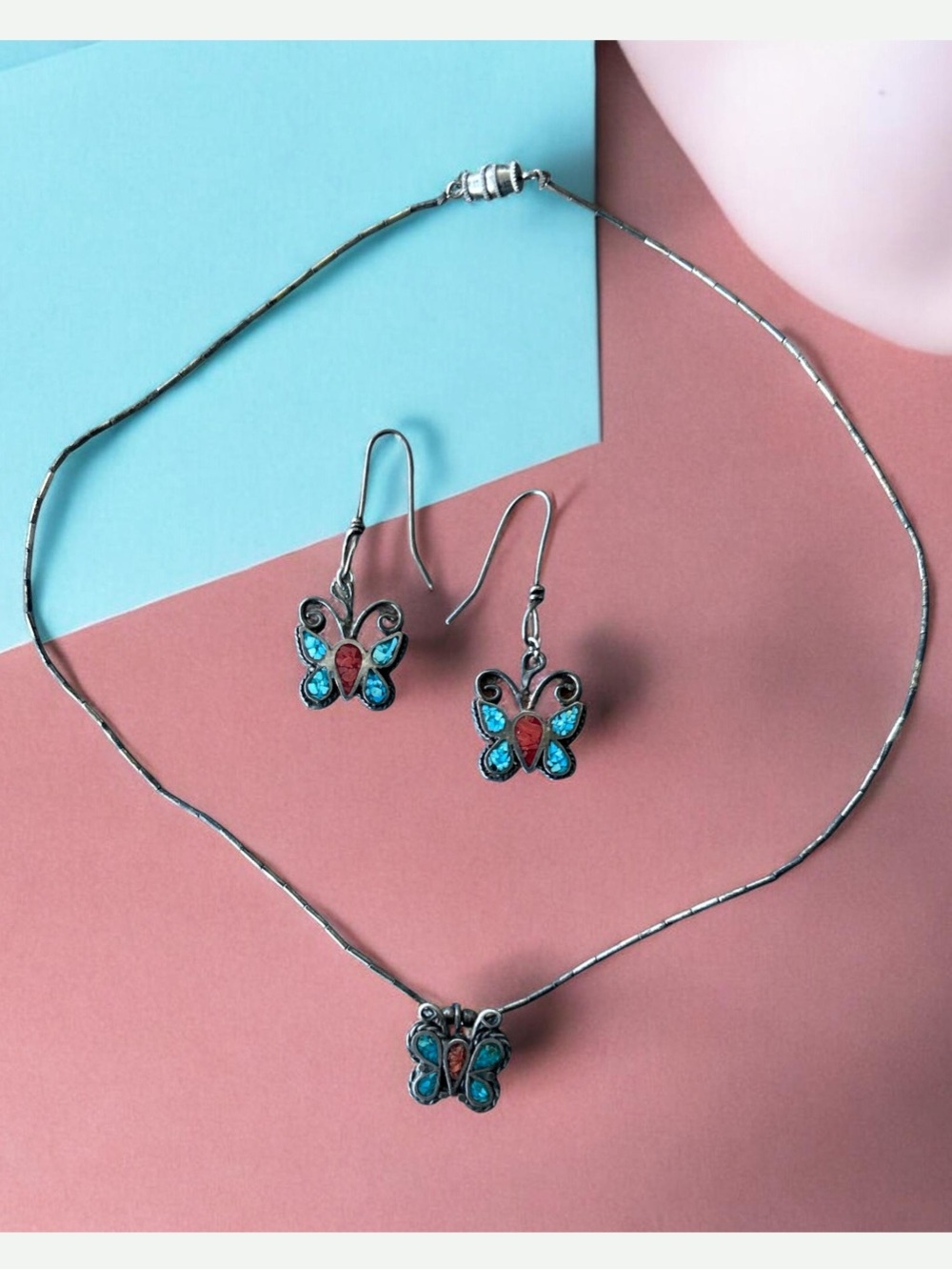 Vintage Zuni Butterfly Sterling Silver Earrings/Necklace/Turquoise and Coral